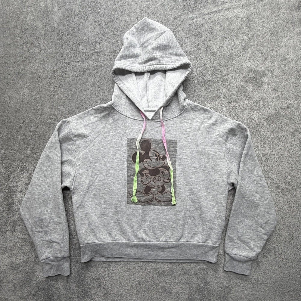 Disney Hoodie Girls Large Gray Fleece Pullover Mickey Mouse Cropped Graphic